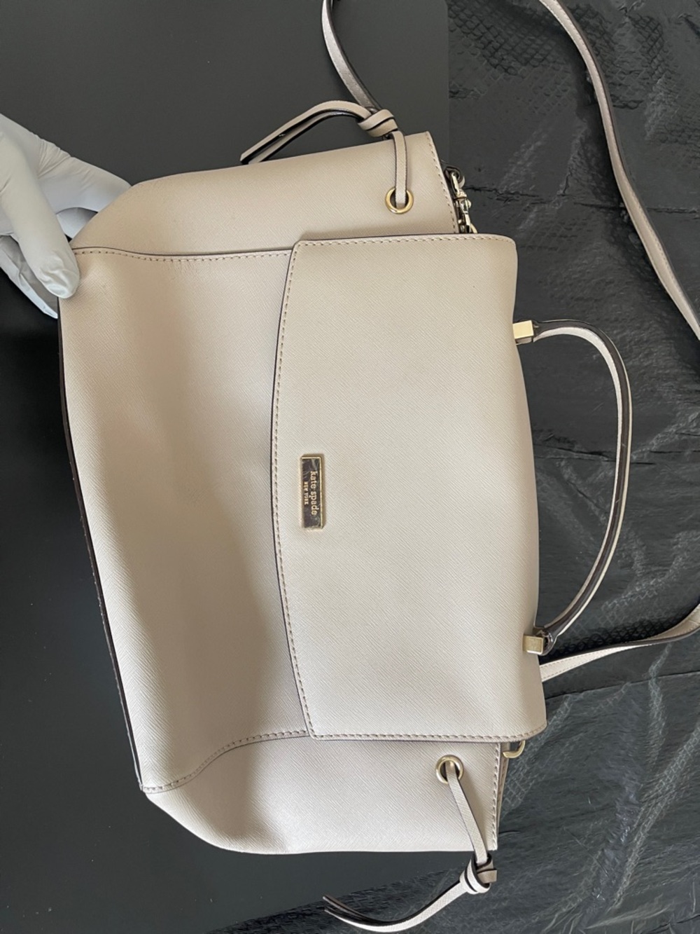 KATE SPADE Cream Saffiano Leather Satchel with Gold Hardware.